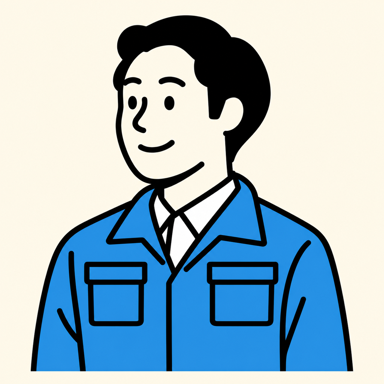 青い作業着を着た、穏やかな笑顔の作業員