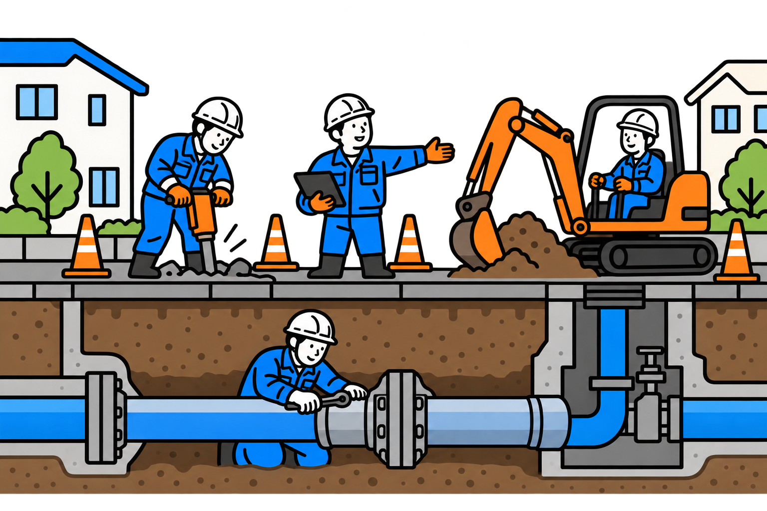 住宅街の道路工事と、地下の水道管を整備する仕事を描いた断面イラスト