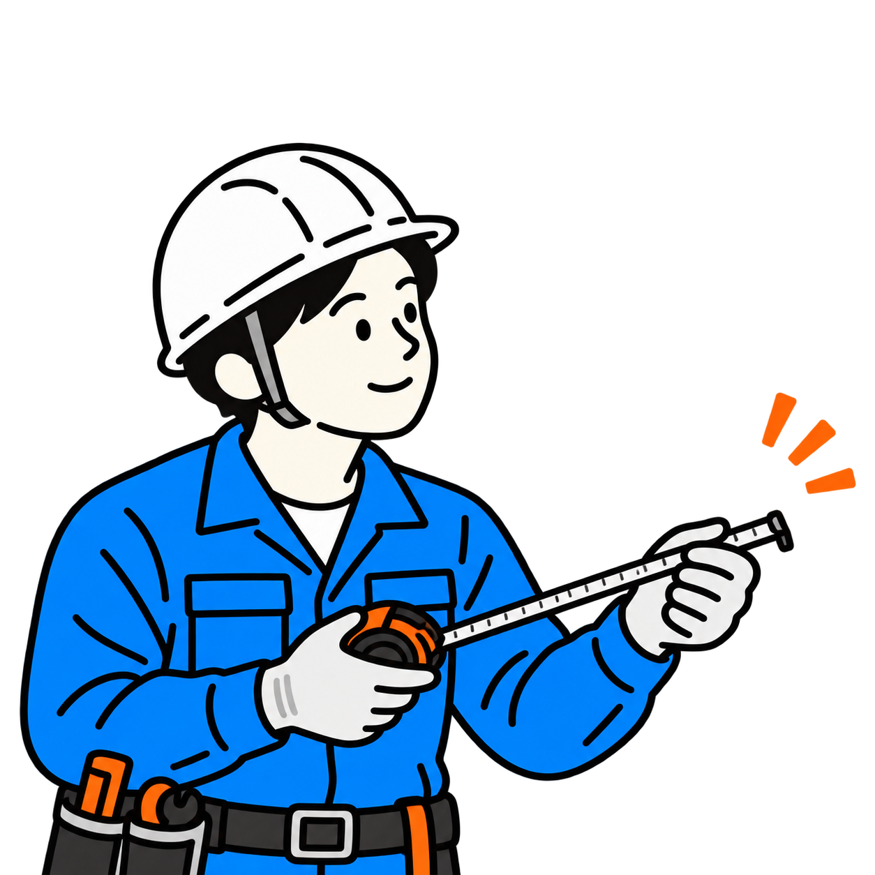メジャーを手に取り、使い方を確かめる新人作業員のイラスト