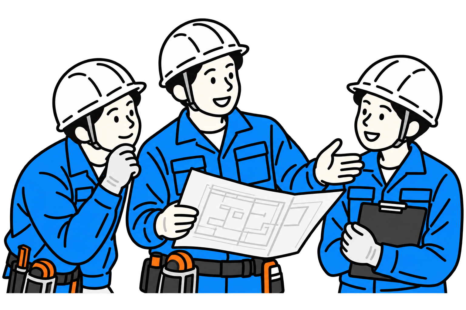 図面を囲み、3人の作業員が段取りを相談するイラスト